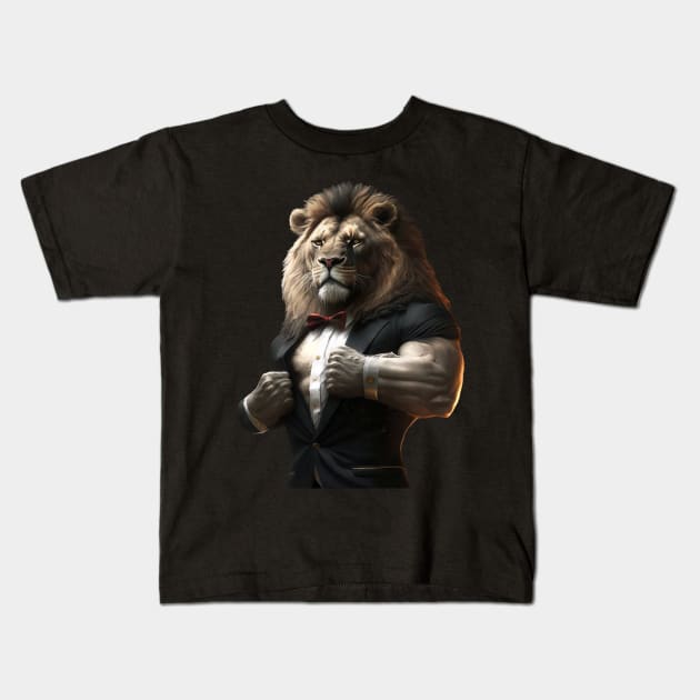 Muscular Lion in Tuxedo Flexing Biceps Kids T-Shirt by TheDesignStore